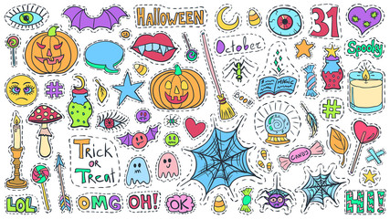 Halloween patch badges set. Holiday doodles vector. Halloween stickers. Sketch pins with pumpkins, sweets, witch tools, ghosts and spiders. Social media emoticons and icons bundle.
