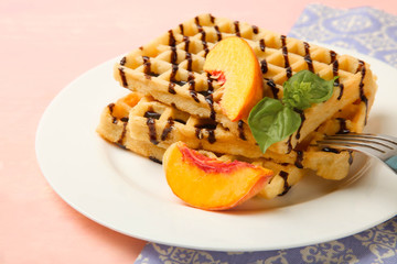 Belgian waffle with peach