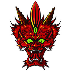 traditional hand drawn asian dragon head in red. Evil eyes, china, japan, yakuza tattoo template. vectors