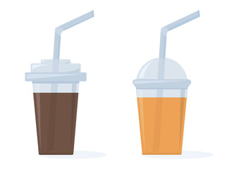 Coffee and orange juice. Set of plastic cups with straws. Vector illustration