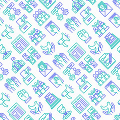 Election and voting seamless pattern with thin line icons: voters, ballot box, inauguration, corruption, debate, president, political victory, propaganda, bribe, agitation. Vector illustration.