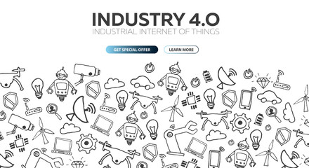 Industry 4.0 banner. Smart industrial revolution, automation, robot assistants. Vector illustration.
