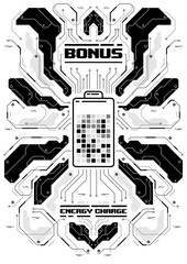 Cyberpunk futuristic poster with battery icon. Tech Abstract poster template. Modern flyer for web and print.
