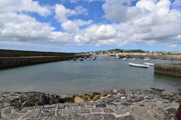 Marazion village viewed from the harbour at St Michaels Mount, Cornwall, England.