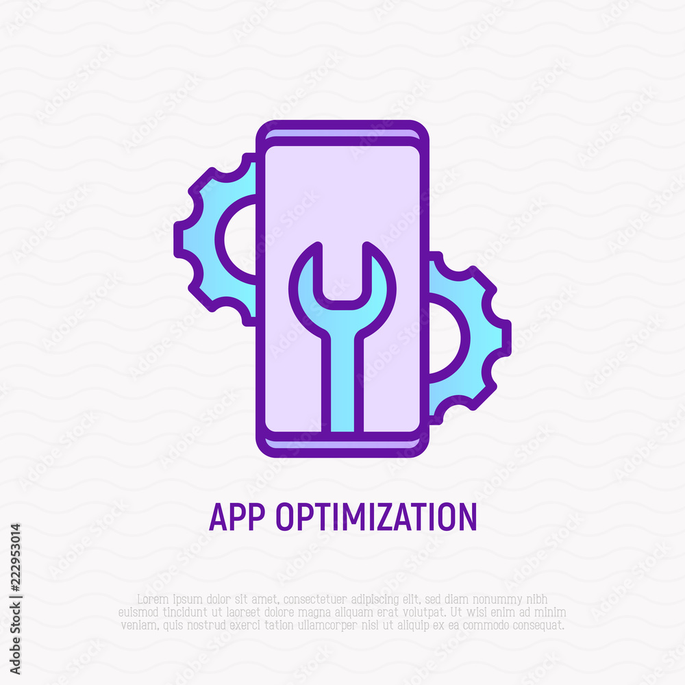 Poster app optimization thin line icon: smartphone with wrench and wheels. modern vector illustration of ap