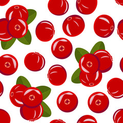 Seamless pattern from ripe red cranberries with green leaves on a white background.