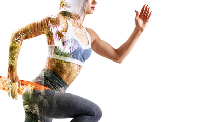 Double exposure of young sporty woman and nature.