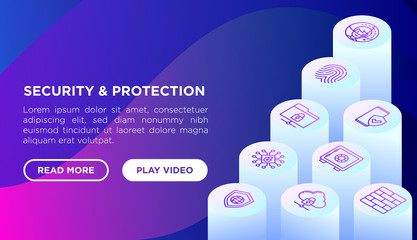 Security and protection concept with thin line isometric icons: mobile security, fingerprint, firewall, face ID, secure folder. Vector illustration, web page template on gradient background.