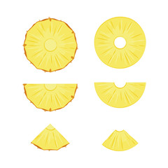 Cut slices of ripe yellow pineapple on a white background.
