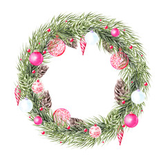 Fototapeta na wymiar Watercolor Christmas wreath with fir branches, christmas toys. Illustration for greeting cards and invitations. 