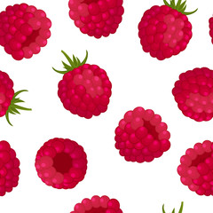 Seamless pattern - ripe red raspberries on white background