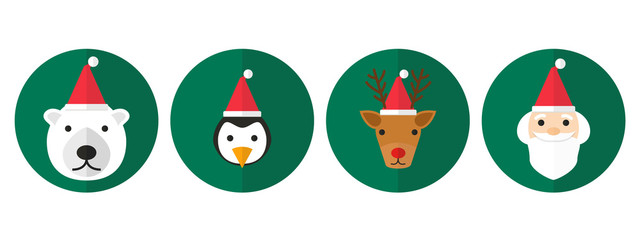 X'mas Faces. Polar bear, penguin, reindeer and santa with red hats. Green circles background. Flat style. 