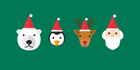 X'mas Faces. Polar bear, penguin, reindeer and santa with red hats. Green rectangle background. Flat style. 