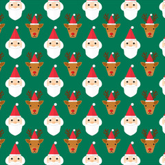 X'mas faces pattern gift wrap paper. Santa , reindeer with red hats. Green rectangle background. Flat style. 