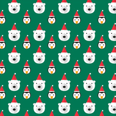 X'mas faces pattern gift wrap paper. Polar bear, penguin with red hats. Green rectangle background. Flat style. 