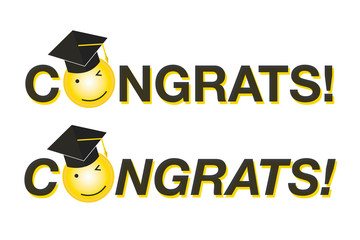 Graduation congrats, yellow one eye blinked and smiling with the black diploma hat in the O letter. Between the CONGRATS!  word. With bold regular and bold italic typography.