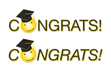 Graduation congrats, yellow one eye blinked and smiling with the black diploma hat in the O letter. Between the CONGRATS!  word. With regular and italic typography.
