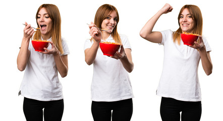 Set of Happy Beautiful young girl eating cereals from a bowl