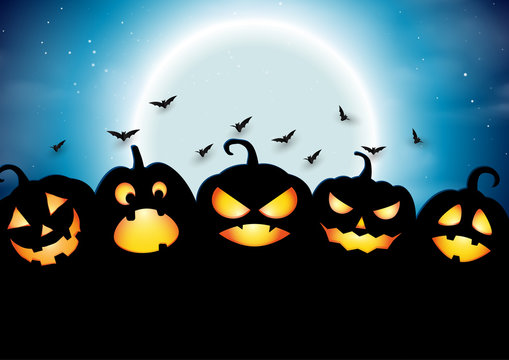 Halloween pumpkins on full moon night background paper art style.Vector illustration.