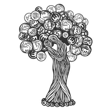 Tree with coins engraving vector illustration. Scratch board style imitation. Black and white hand drawn image.