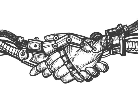 Mechanical human robot handshake engraving vector illustration. Scratch board style imitation. Black and white hand drawn image.