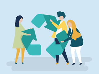 Characters of people holding a recycle symbol illustration