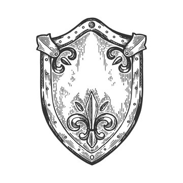 Ancient knight shield engraving vector illustration. Scratch board style imitation. Black and white hand drawn image.