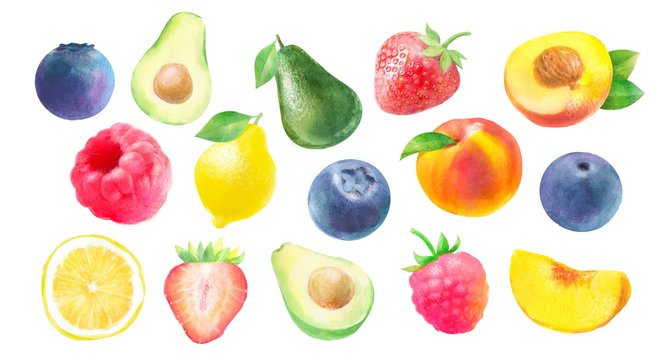 watercolor illustration of fruits and berries: strawberry, raspberry, peach, blueberry? avocado and lemon, isolated drawings by hand on white background