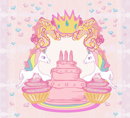Frame with unicorns and birthday cake © diavolessa