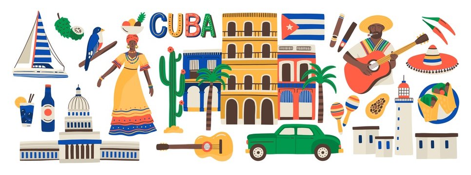 Collection of Cuba attributes isolated on white background - musical instruments, Cuban rum, flag, building, sombrero hat, chili pepper. Colorful vector illustration in modern flat cartoon style.