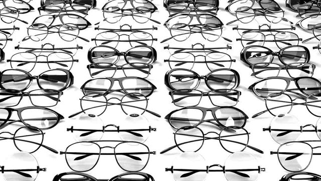 Many black glasses on white background.Loop able 3DCG render animation.