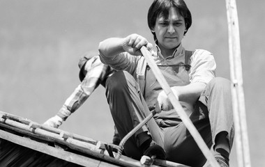 man in worker's clothes black and white