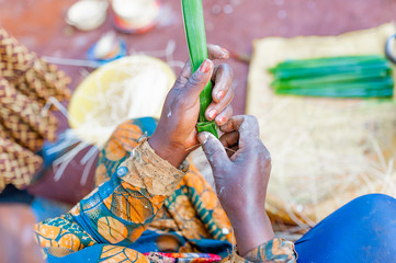 close up of african woman hands making traditonal cameroonian baton de manioc with manioca and...