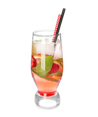 Glass of fresh strawberry lemonade on white background