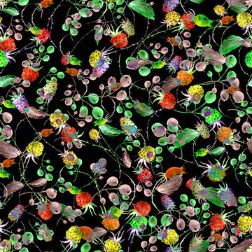 Pattern berry set - raspberries, blackberries, strawberries, grapes, green leaves watercolor.
On a black background. Vintage fashionable pattern.