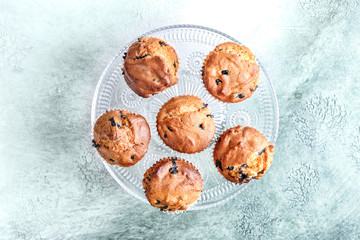 Glass stand with tasty blueberry muffins on light table