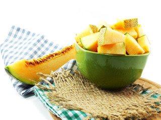 close up of cantaloupe melon slices on white background