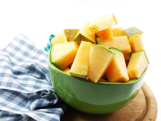 close up of cantaloupe melon slices on white background