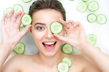 Portrait of sexy beauty caucasian female woman with clean pure skin taking spa relaxing in bath...