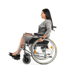 Obraz na płótnie Canvas Female teacher in wheelchair with notebooks on white background