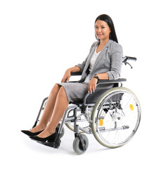 Asian woman in wheelchair on white background