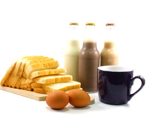 bread egg and milk breakfast set collection on white background