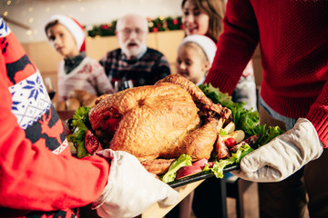 cropped image of man and woman carrying turkey for christmas celebration with family at home