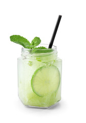 Jar of fresh mojito on white background