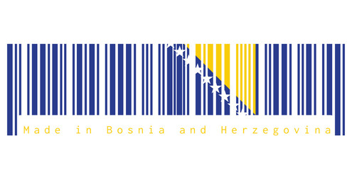 Barcode set the color of Bosnia flag, a yellow right triangle and white stars on blue and text: Made in Bosnia and Herzegovina. concept of sale or business.