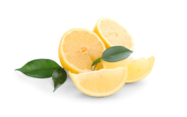 Sliced ripe lemons on white background