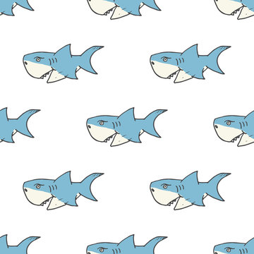 Shark seamless pattern, Hand drawn sketched doodle shark, vector illustration