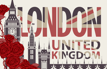 Obraz premium Vector postcard with red roses and Big Ben in London, Palace of Westminster, UK. Retro postcard with words London, United Kingdom in colors of british flag