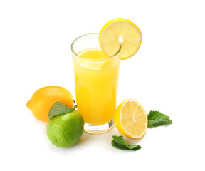 Glass of fresh lemon juice on white background