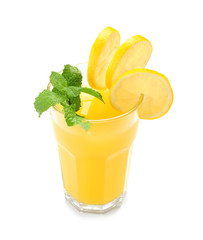 Glass of fresh lemon juice and mint on white background